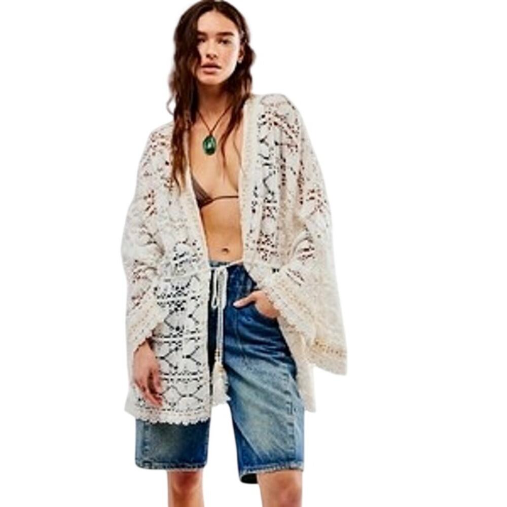 NEW Free People Crochet Lace Kimono Cardigan Duster Sweater Boho Lagenlook